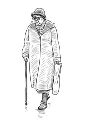 An elderly woman in a hat with a stick goes down the street