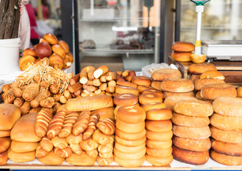 Variety of smoked cheese. Traditional marketplace.