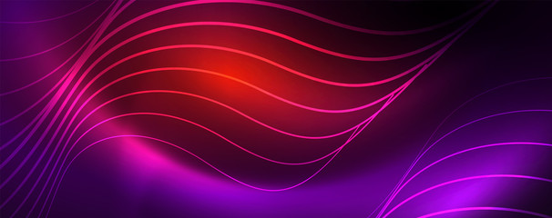 Shiny neon lights, dark abstract background with blurred magic neon light curved lines