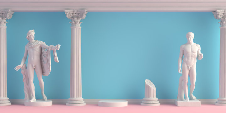 3d-illustration of interior with antique statues Apollo and Doryphoros
