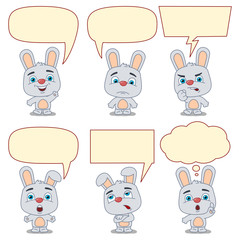 Set of funny rabbit in cartoon style in different poses and emotions with speech bubble isolated on white background