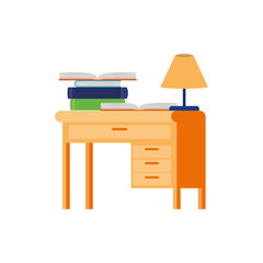 desk with stack of books on white background