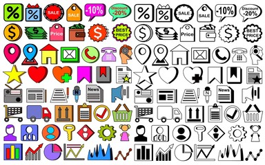 Web Icons Set.  100 pc (Color, Black&White), 100% vector. Resize to any size. Easy color change.  Design elements for mobile and web applications.