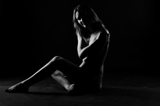 Naked Woman Sexy Silhouette, Sensual Girl Pose, Nude Body Dark artistic Black and White