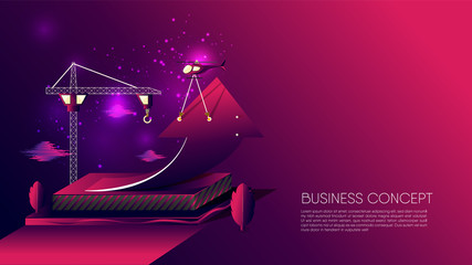 Construction of rising arrow carry by helicopter, surrounding by tree, sky clouds, and cluster of scattering stars, on gradient dark violet pink background. EPS10, vector and illustration.