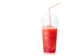 Cold Watermelon Smoothie in plastic cup with straws isolated on white background. Summer drink. ( Clipping path )
