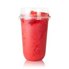 Strawberry smoothie cup isolated on white background. Summer cocktail made from red fruit. ( Clipping path )