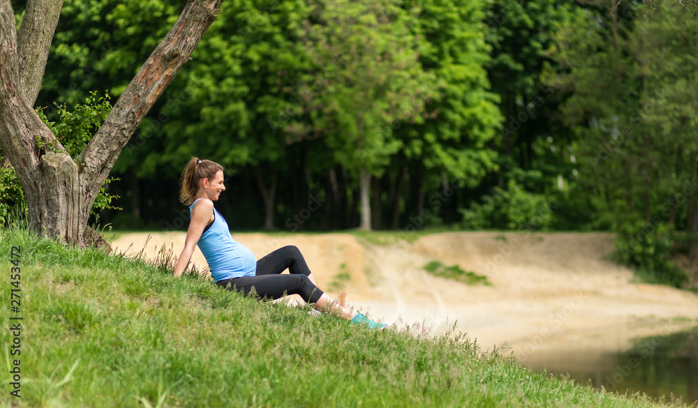 Sticker Pregnant woman fitness exercises outdoor