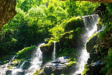 catawba falls powerfully gushing over the rock faces of the mountainside