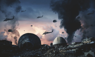 Military helicopter between smoke and fire in destroyed city and soldiers are in flight with a...