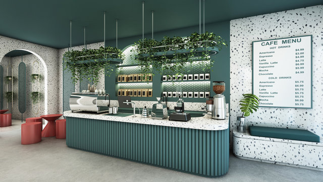 Cafe shop design Modern & Minimal Green counter top granite stone,Metal light pendant,Green curved product shelves behind the counter, Menu on wall granite stone,Green wall,concrete floor-3D render