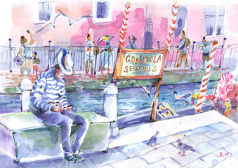 Gondolier in Venice, watercolor sketch, illustration - 271455224