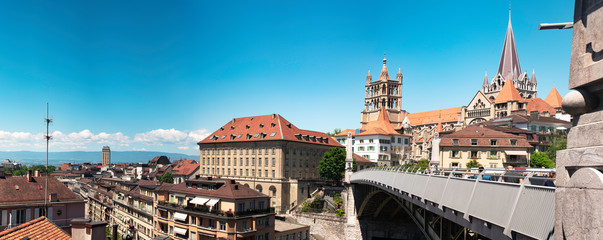 Panorama view of Lausanne Cathedral and city skyline. Vaud, Switzerland