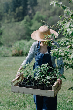 femme avec chapeau &agrave; la campagne au potager 