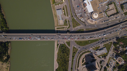Top down view of urban city traffic jam on car bridge