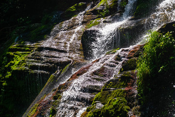 waterfall tumbling and cascading over mossy rocks