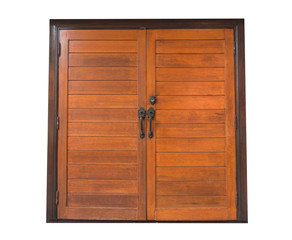 Old wooden double doors isolated on white background with clipping path.