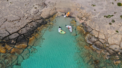 Aerial drone panoramic view photo of famous exotic paradise sandy deep turquoise beach of Elafonissi in South West Crete island, Greece