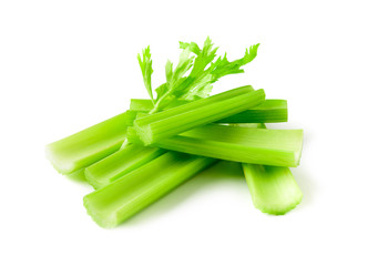 Fresh sliced green celery isolated on white