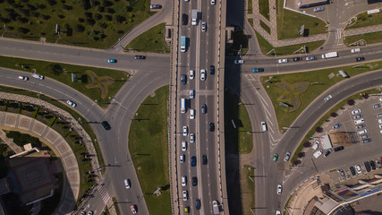 Top down view of urban city traffic jam on car bridge