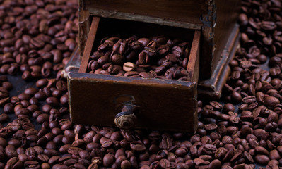 Roasted coffee beans in a vintage coffee grinder.