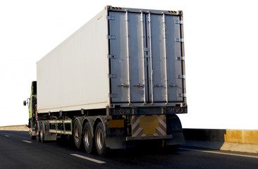 Obraz na płótnie Canvas White Truck on highway road with container, transportation concept.,import,export logistic industrial Transporting Land transport on the asphalt expressway