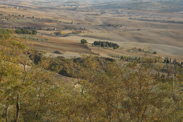 Fototapeta premium Countryside landscape. Countryside landscape with hills and a homestead; typical landscape of central Italy