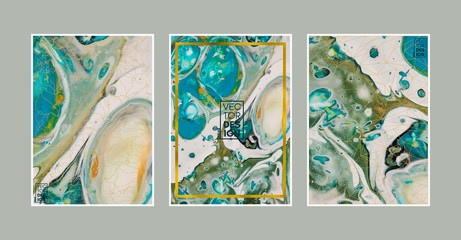 Set of abstract hand drawn painting cards, posters or background. Swirls of marble or the ripples of agate. Liquid marble acrylic texture. Fluid art. Underwater world. Vector illustration