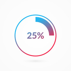 25 percent blue and red gradient pie chart sign. Percentage vector infographic symbol. Circle diagram isolated, illustration for business, download, web icon, design