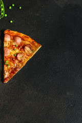 pizza - sausage stuffing, green peas, tomato sauce, cheese. food background. top
