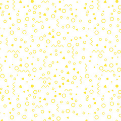 Seamless Doodle Background. Abstract Texture with Lines Circle Triangle Square Geometric Figures for Dress fabric textile Curtain Tablecloth. Trendy Seamless White Background in Memphis Style. Vector