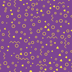 Seamless Doodle Background. Abstract Texture with Lines Circle Triangle Square Geometric Figures for Dress fabric textile Curtain Tablecloth. Trendy Seamless Purple Background in Memphis Style. Vector