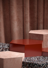 Cosmetic background for product presentation. Pink velvet and brown terrazzo hexagon podium on pink curtain. 3d rendering illustration. - Illustration