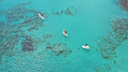 Fototapeta premium Aerial drone panoramic view photo of famous exotic paradise sandy deep turquoise beach of Elafonissi in South West Crete island, Greece