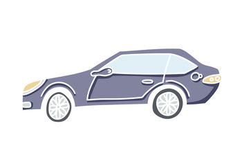 Cute illustration of a doodle car. Pastel colored vector auto with white outline.