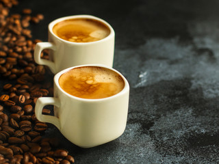 coffee in a white cup. food background. top
