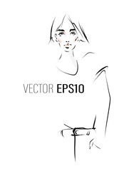 Young stylish woman, beautiful girl. Hand-drawn fashion illustration. Vector