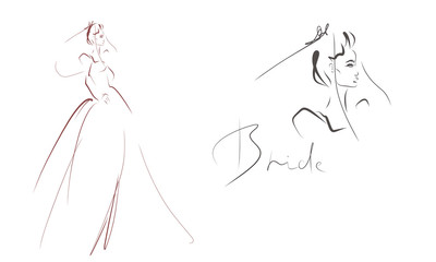 Young beautiful bride in dress. Hand-drawn fashion illustration. Sketch, vector