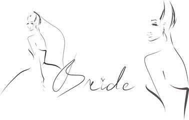 Young beautiful bride in dress. Hand-drawn fashion illustration. Sketch, vector