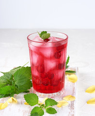 summer refreshing drink with berries of cranberries and pieces of ice in a glass