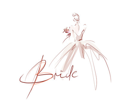 Young beautiful bride in dress. Hand-drawn fashion illustration. Sketch, vector