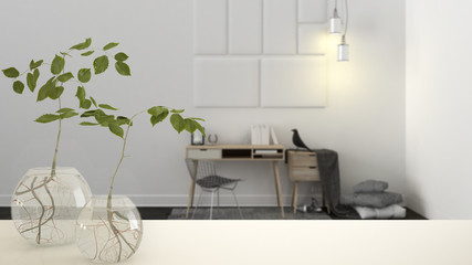 White table top or shelf with glass vase with hydroponic plant, ornament, root of plant in water, branch in vase, house plant, modern blurred office in the background, interior design