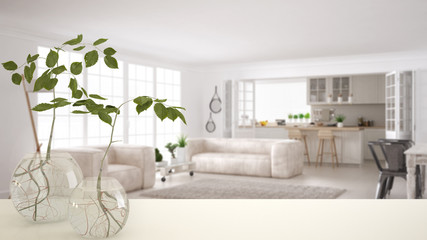 White table top or shelf with glass vase with hydroponic plant, ornament, root of plant in water, branch in vase, house plant, modern blurred living room background, interior design