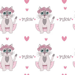 Seamless pattern with sweet cartoon cats with flower on the head