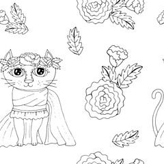 Seamless pattern with sweet cartoon cats with flower on the head