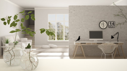 White table top or shelf with glass vase with hydroponic plant, ornament, root of plant in water, branch in vase, house plant, modern blurred office in the background, interior design