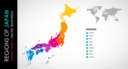 Vector map of Japan and 8 regions COLOR