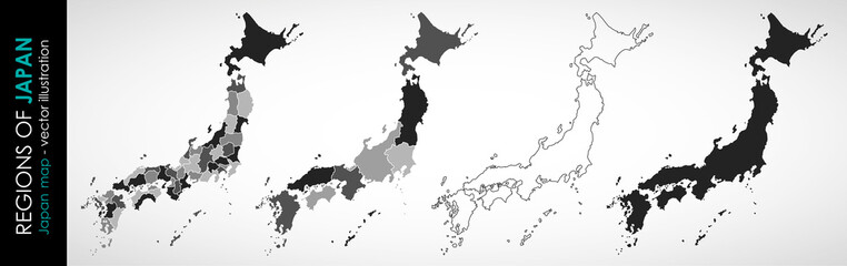 Set vector map of Japan in gray monochrome  - obrazy, fototapety, plakaty