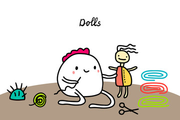 Dolls hand drawn vector illustration in cartoon style. Making toys