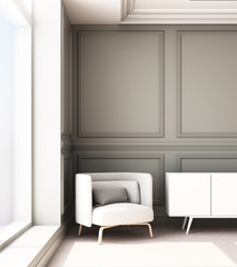 3d rendering illustration of living room with luxury classic wall panel and armchair.
